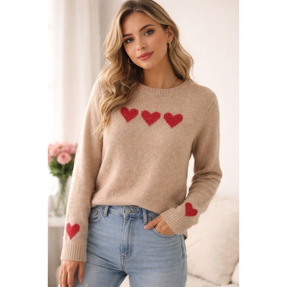 Cupcakes & Cashmere Heart Sweater Sz XS Beige Knit Coquette Valentines Cute Top